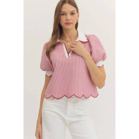 ENTRO Tops - NEW ENTRO fresh picked gingham scallop blouse in red